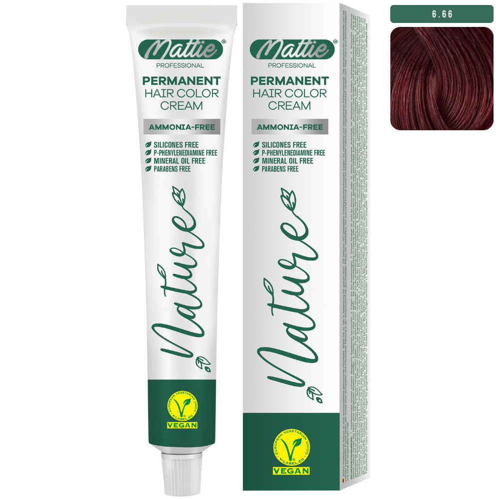 Mattie Professional Natura (6.66) Ciemny Blond Intensywna Red - Wegańska Permanentna Kremowa Farba Do Włosów 60ml