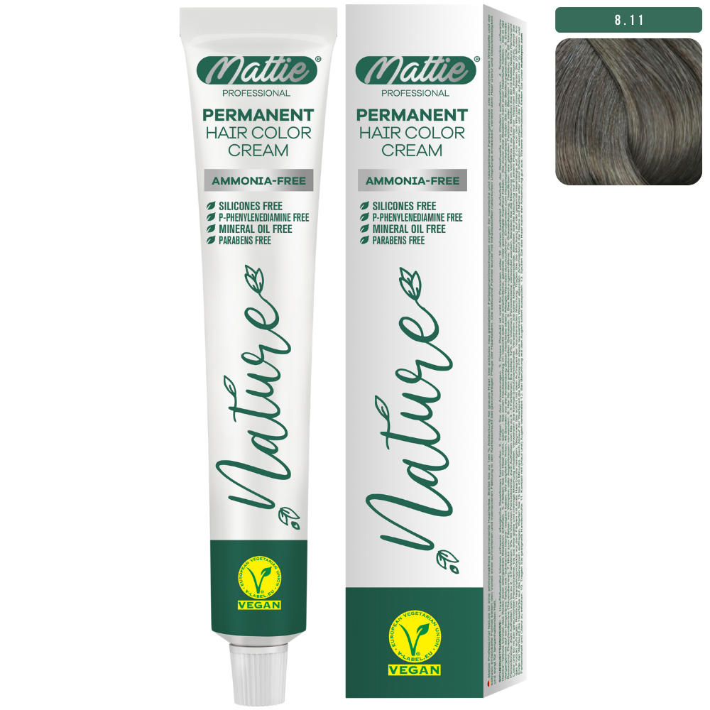 Mattie Professional Nature (8.11) Bardzo Jasny Popielaty Blond - Wegańska Permanentna Kremowa Farba Do Włosów 60ml